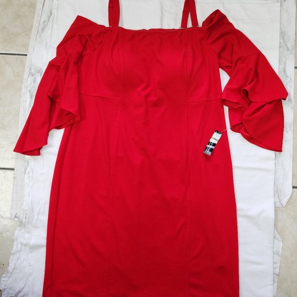 NWT R&M Richards Red Bell Sleeves Cocktail Midi Dress Size 20W Off Shoulders - Picture 1 of 4